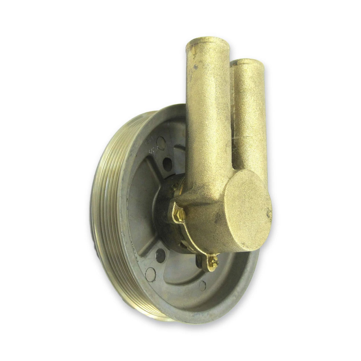 Bronze volvo penta water pump rear view showing the drive pulley and the water inlet and outlet facing upwards.