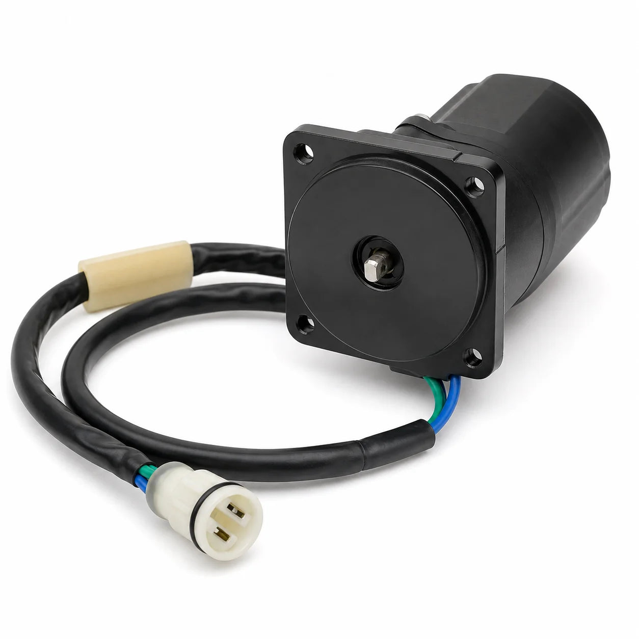 REC36120-ZW4-H12 trim motor showing two-wire cable, white connector and black motor body for Honda Suzuki outboards