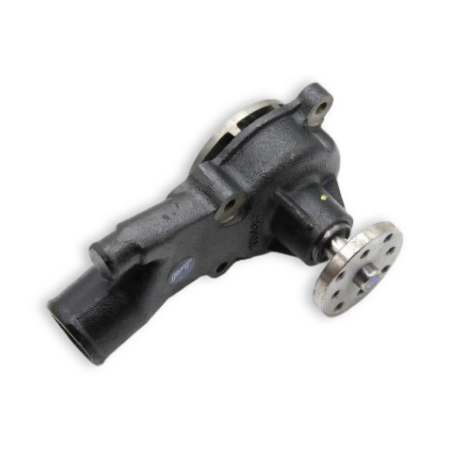Engine water pump side view showing drive pulley, metal impeller, water outlet on a white background.