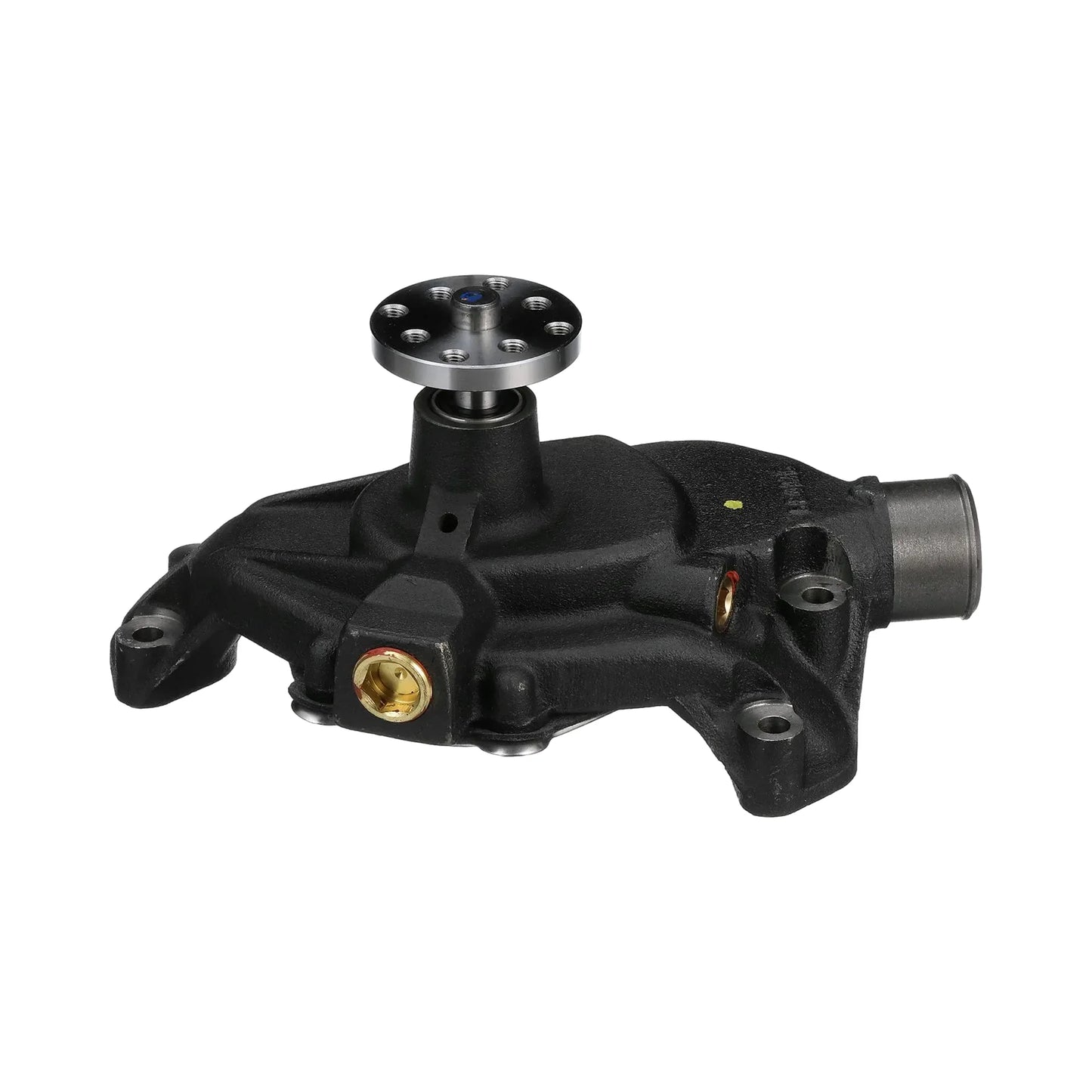 Side view of a black marine engine water pump showing the water outlet on the right and drive pulley at the top.