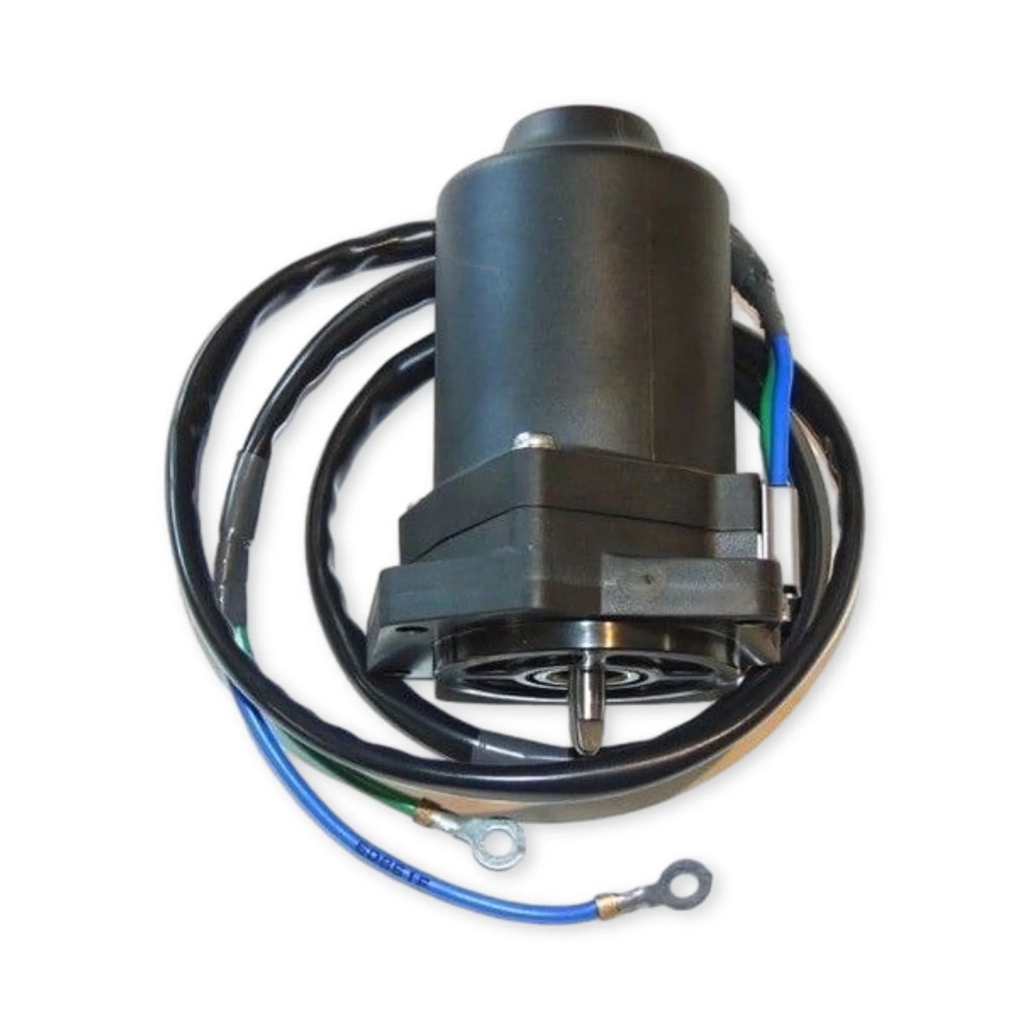 Black trim motor for Yamaha outboard top view showing blue and green wiring with ring terminal connectors on the ends.