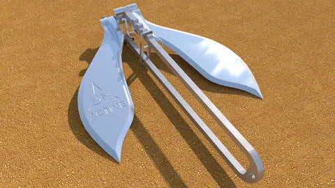 Manufacturer render of an Active Anchor showing its twin flukes and spring shank.