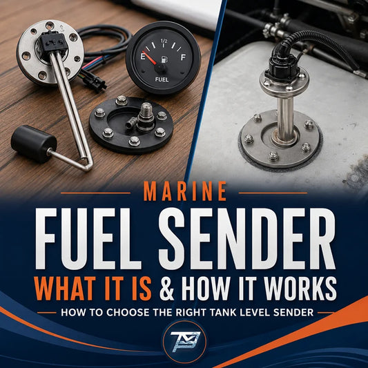 Image of various fuel tank sender units with overlay text reading "fuel sender, what it is & how it works. How to choose the right tank level sensor."
