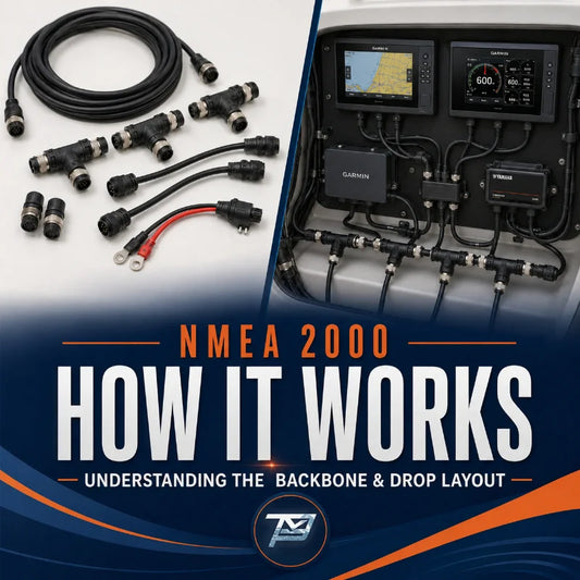 Image of various marine NMEA 2000 related parts with overlay text reading "NMEA 2000, How it works, Understanding the backbone & drop layout."