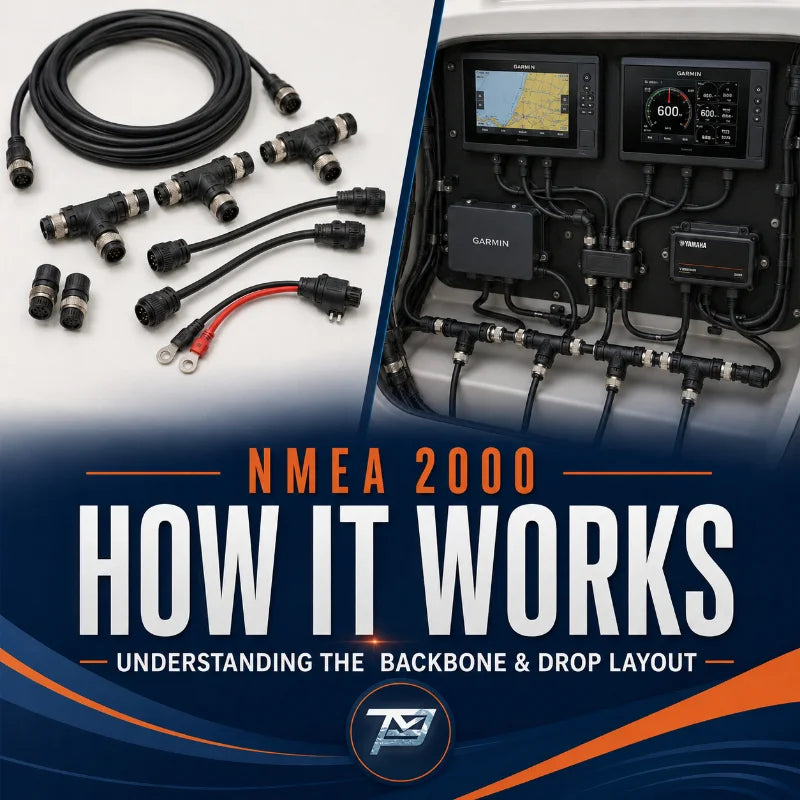 Image of various marine NMEA 2000 related parts with overlay text reading "NMEA 2000, How it works, Understanding the backbone & drop layout."