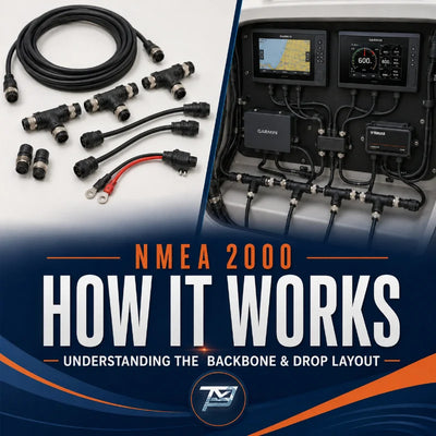 Image of various marine NMEA 2000 related parts with overlay text reading 