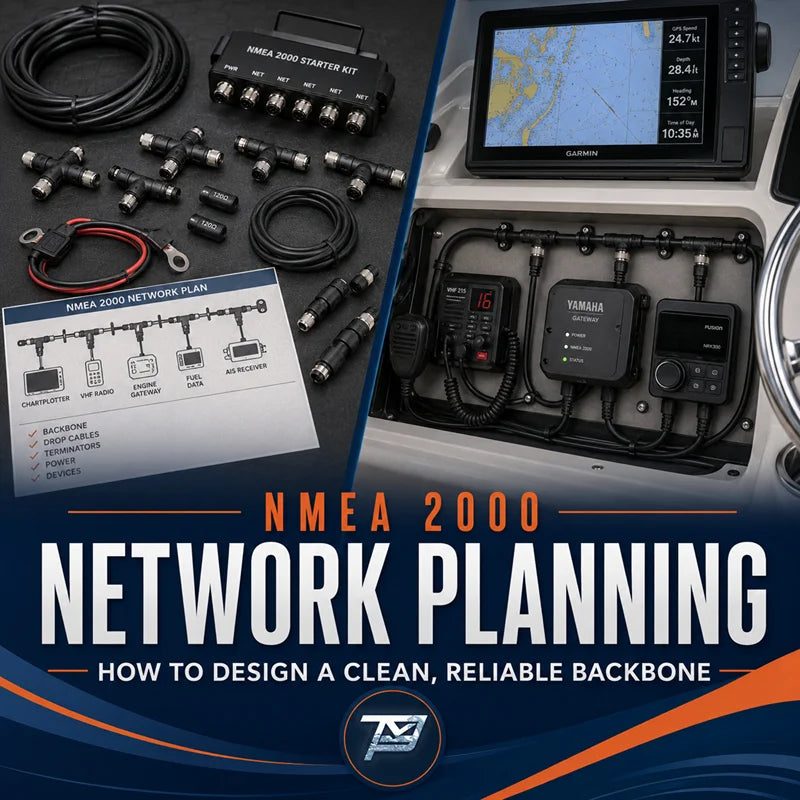 Image of various marine NMEA 2000 related parts with overlay text reading "NMEA 2000, Network Planning, How to design a clean, reliable backbone."