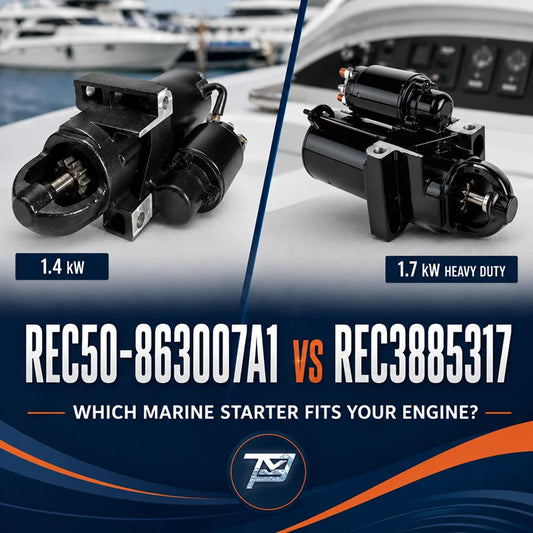 Article image showing two starter motors and the text: "REC50-863007A1 VS REC3885317 - WHICH MARINE STARTER FITS YOUR ENGINE?"