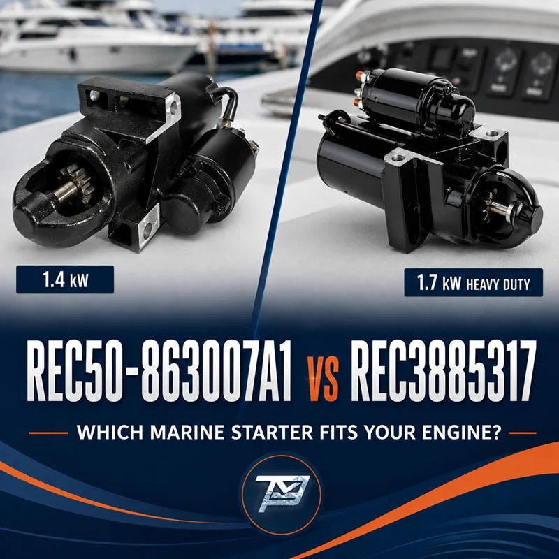Article image showing two starter motors and the text: "REC50-863007A1 VS REC3885317 - WHICH MARINE STARTER FITS YOUR ENGINE?"