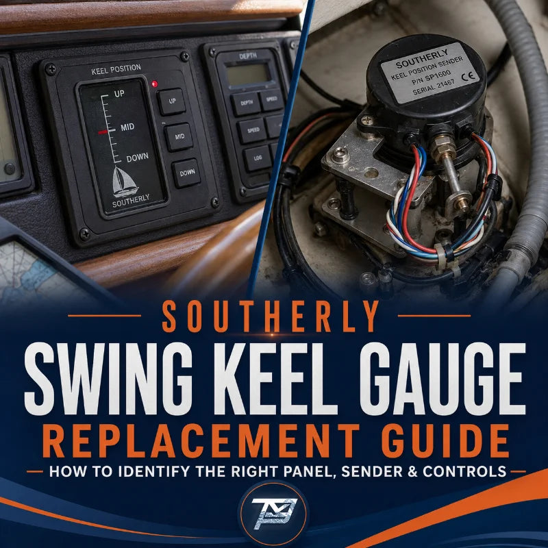 Image of a boat dashboard beside a keel gauge with overlay text reading "Southerly, swing keel gauge replacement guide, how to identify the right panel, sender & controls."