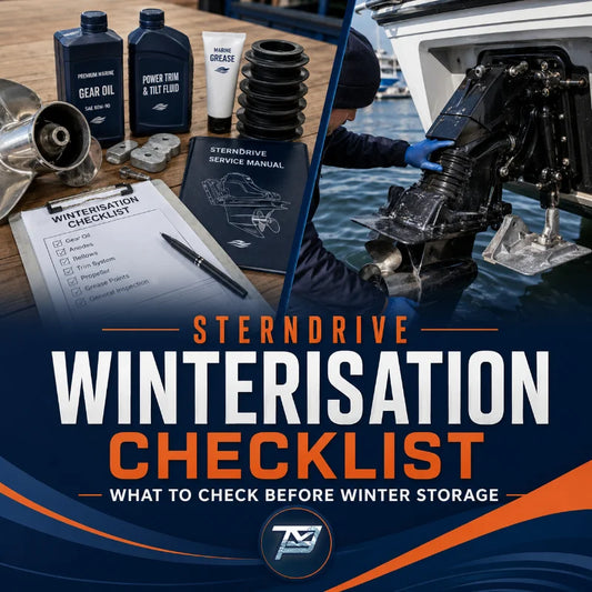 TMP Global blog cover for Sterndrive Winterisation Checklist for UK Boat Owners, showing marine sterndrive maintenance parts and system details.