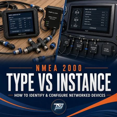 Image of various marine NMEA 2000 related parts with overlay text reading "NMEA 2000, Type VS Instance, How to identify & configure networked devices".