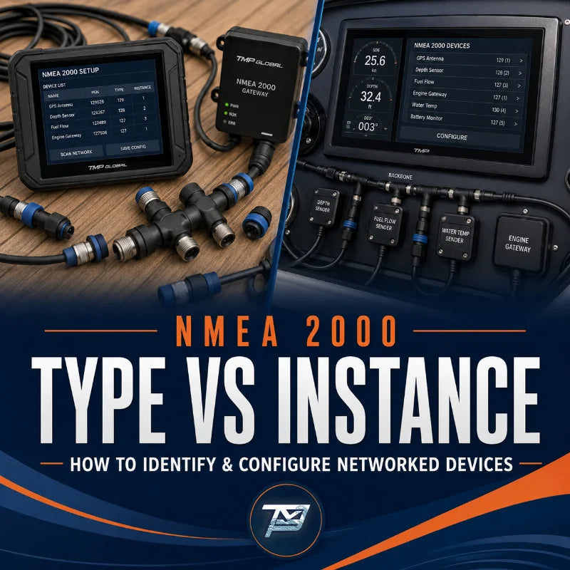 Image of various marine NMEA 2000 related parts with overlay text reading "NMEA 2000, Type VS Instance, How to identify & configure networked devices".