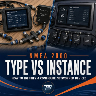 Image of various marine NMEA 2000 related parts with overlay text reading 