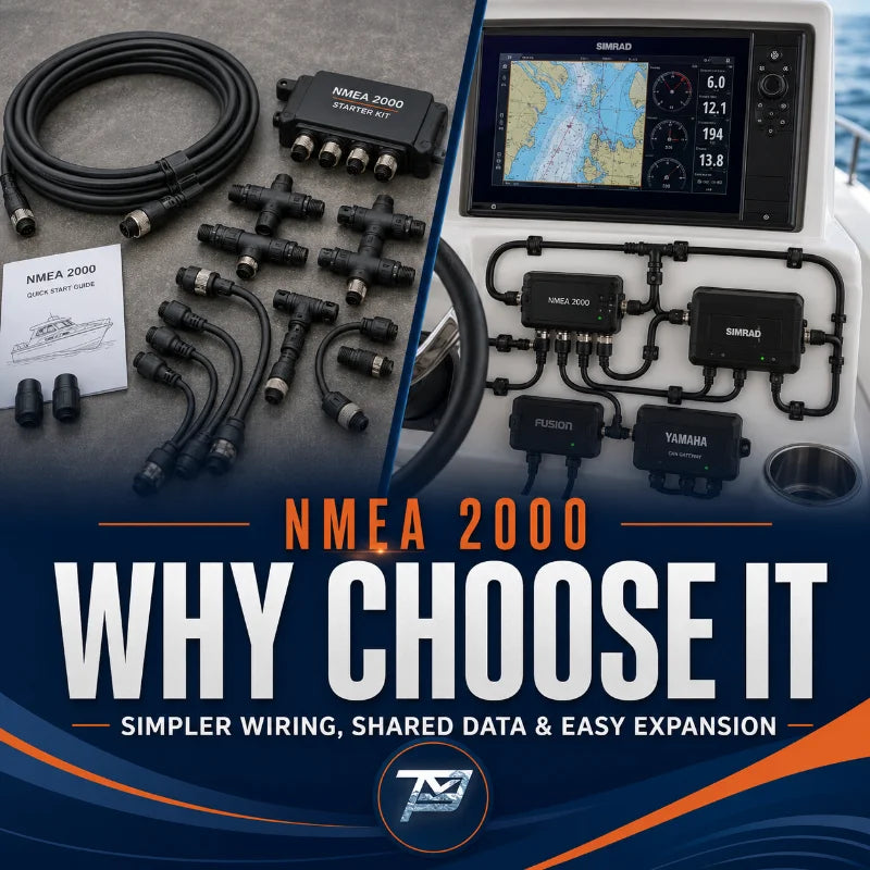 Image of various marine NMEA 2000 related parts and systems with overlay text reading "NMEA 2000, Why choose it, simpler wiring, shared data & easy expansion."
