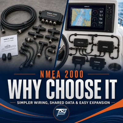 Image of various marine NMEA 2000 related parts and systems with overlay text reading 