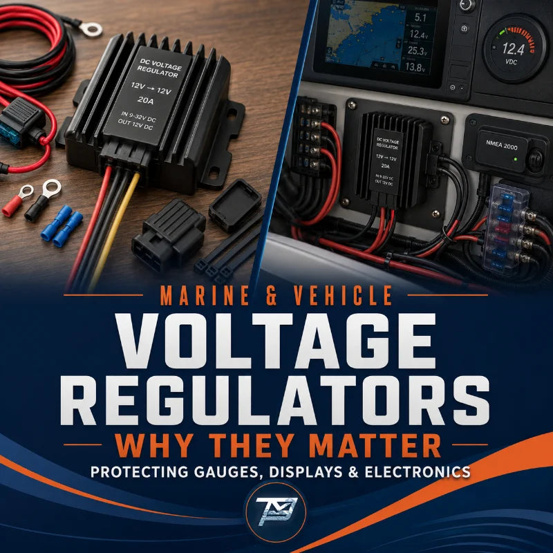 Image of various voltage regulators and parts with overlay text reading "Marine & vehicle, voltage regulators, why they matter, protecting gauges, displays & electronics."