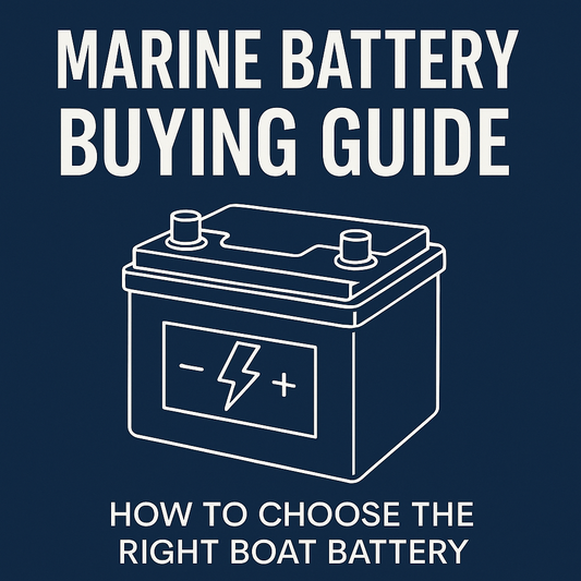 Illustration of a blog poster image showing a drawing of a boat battery with the text "Marine battery buying guide. How to choose the right boat battery"