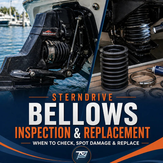Image of various boat engine components with overlay test reading "sterndrive bellows inspection & replacement, when to check, spot damage & replace"