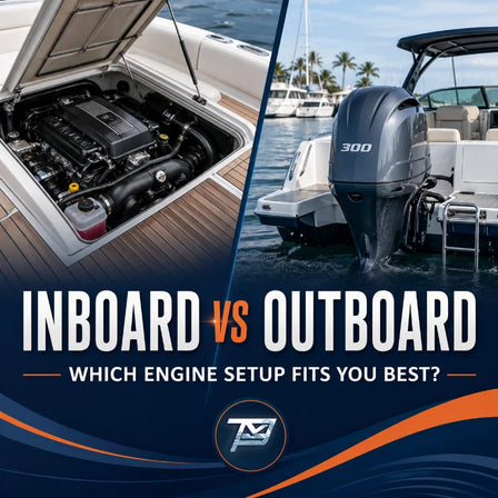 Image of a pair of boat engines with overlay text reading "Inboard vs outboard, which engine setup fits you best?"