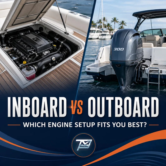 Image of a pair of boat engines with overlay text reading "Inboard vs outboard, which engine setup fits you best?"