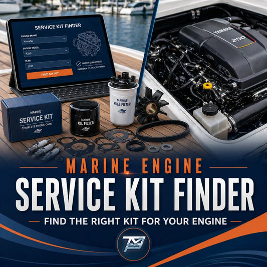 Image of a pair of various boat engine components with overlay text reading "marine engine service kit finder, find the right service kit for your engine."