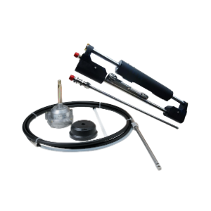 Boat steering wheel behind helm controls and a hydraulic steering ram.