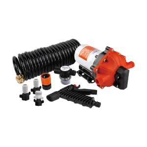 A boat bilge pump sat behind a boat water pump and a ball valve.