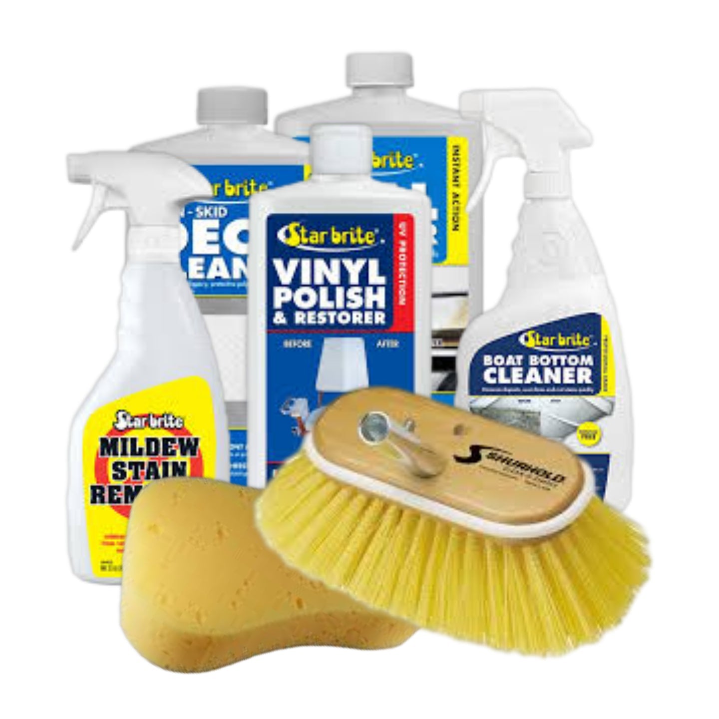 Collection of various boat cleaning products sat behind a yellow sponge and a deck brush head