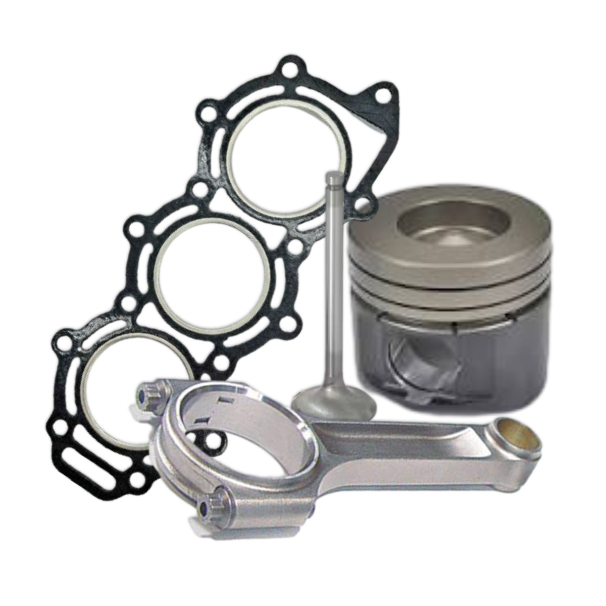 A marine engine head gasket sat behind a piston, intake valve and connecting rod.