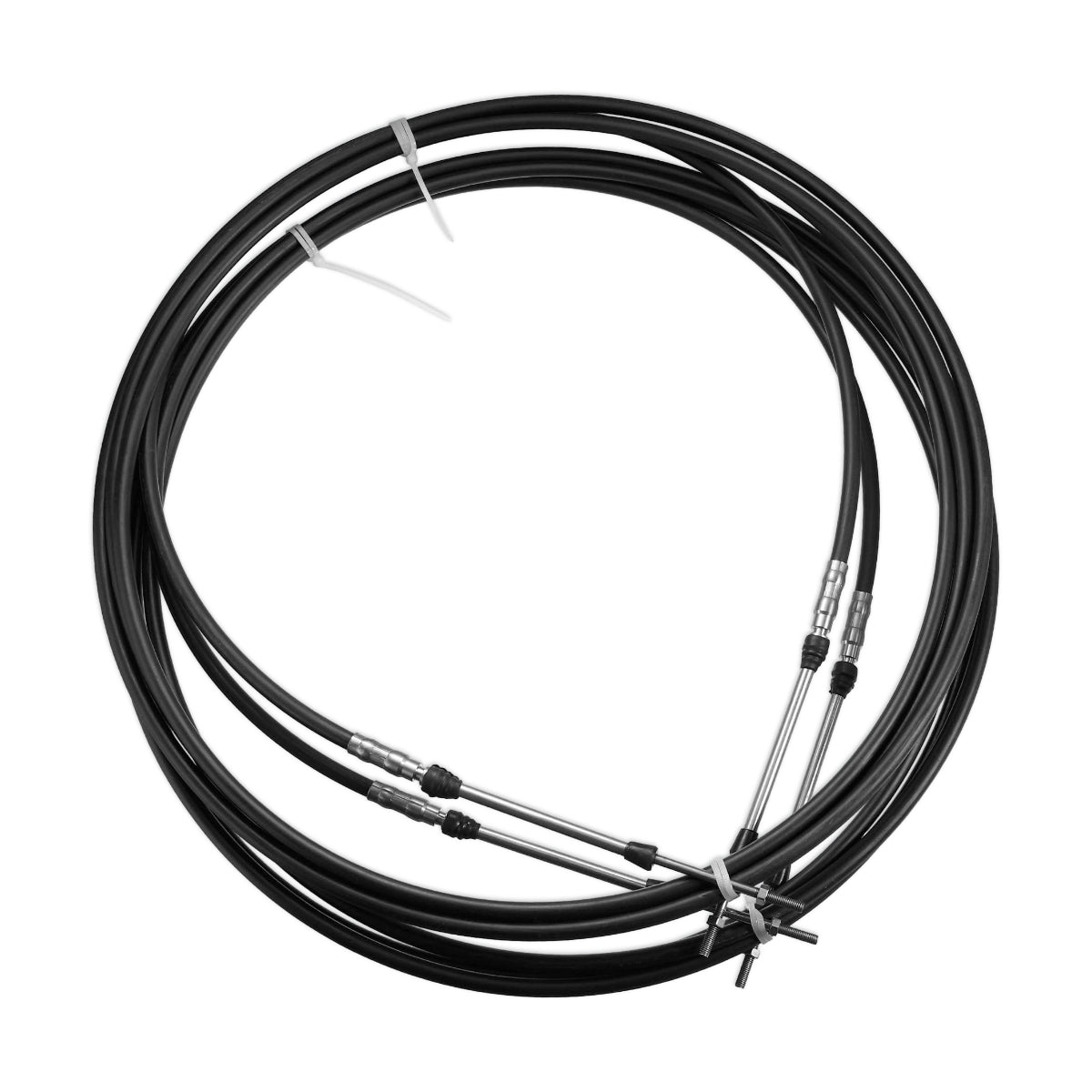 Coiled up morse gear shift cables for a boat.