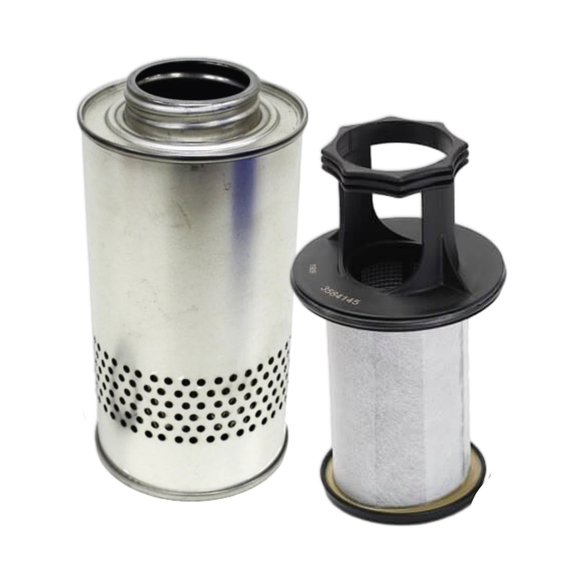 Two marine engine crank case breather filters stood beside each other.