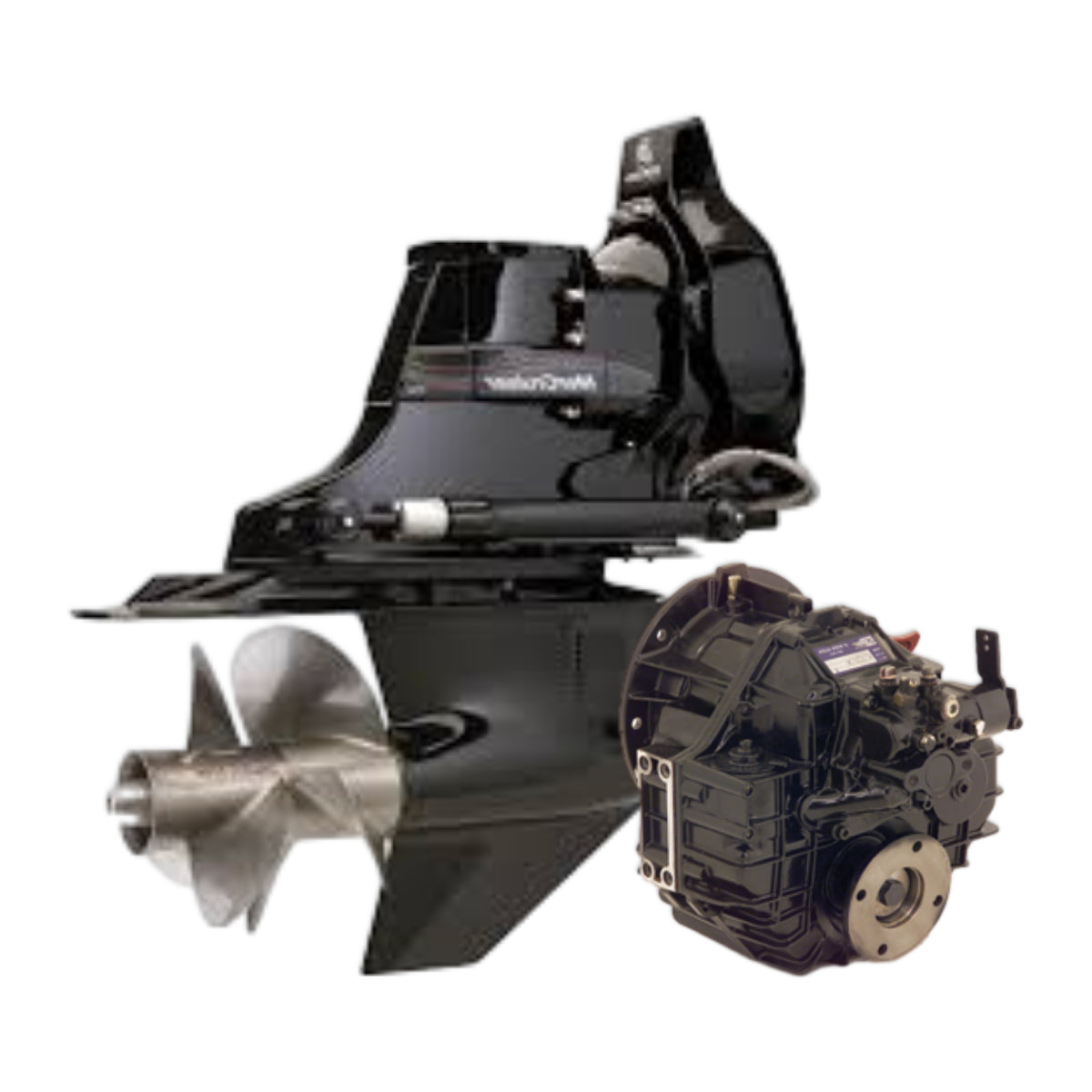 Boat sterndrive sat beside an inboard engine gearbox.