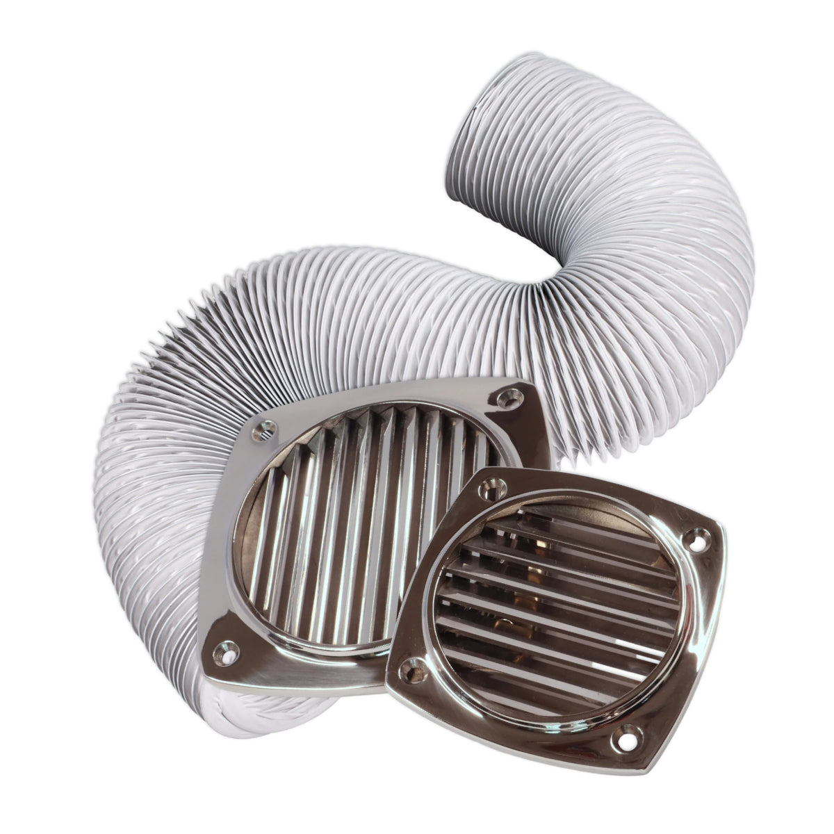 Two stainless steel air conditioning vents in front of a length of white air ducting