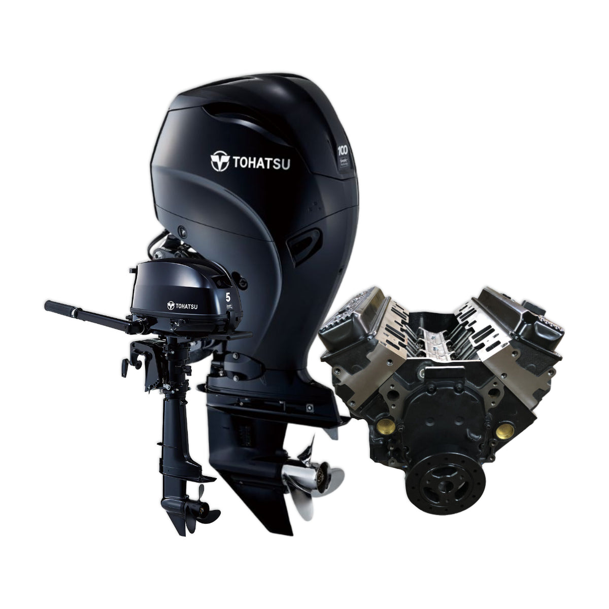 A large outboard engine next to a smaller outboard engine and a v8 short block.