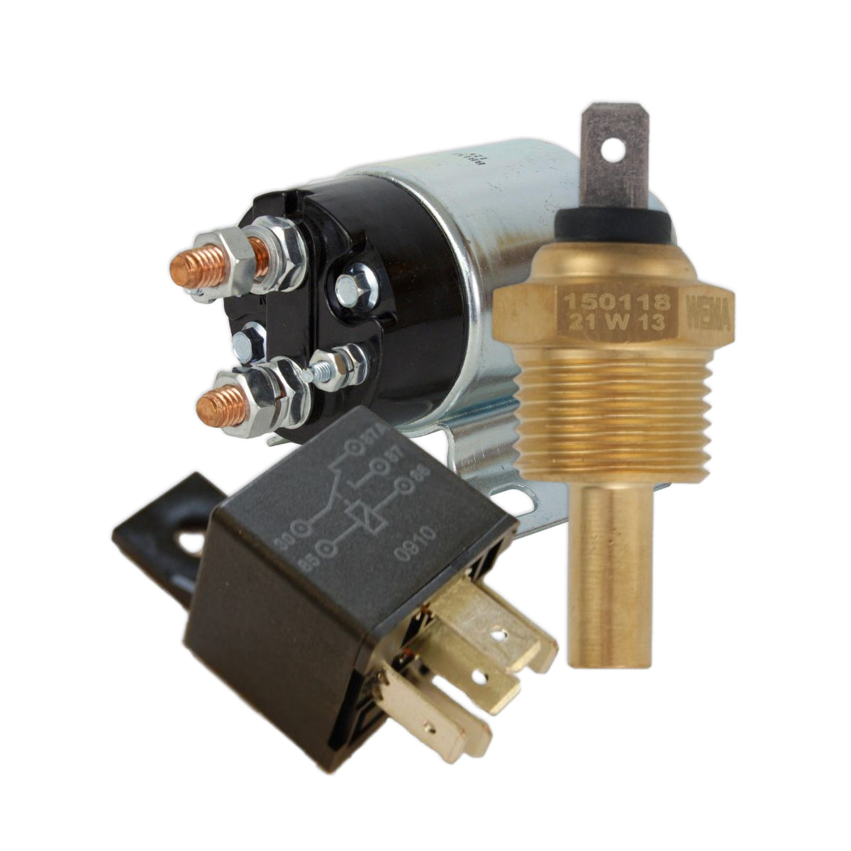 A collection of a solenoid, relay and a temperature sensor for an engine.