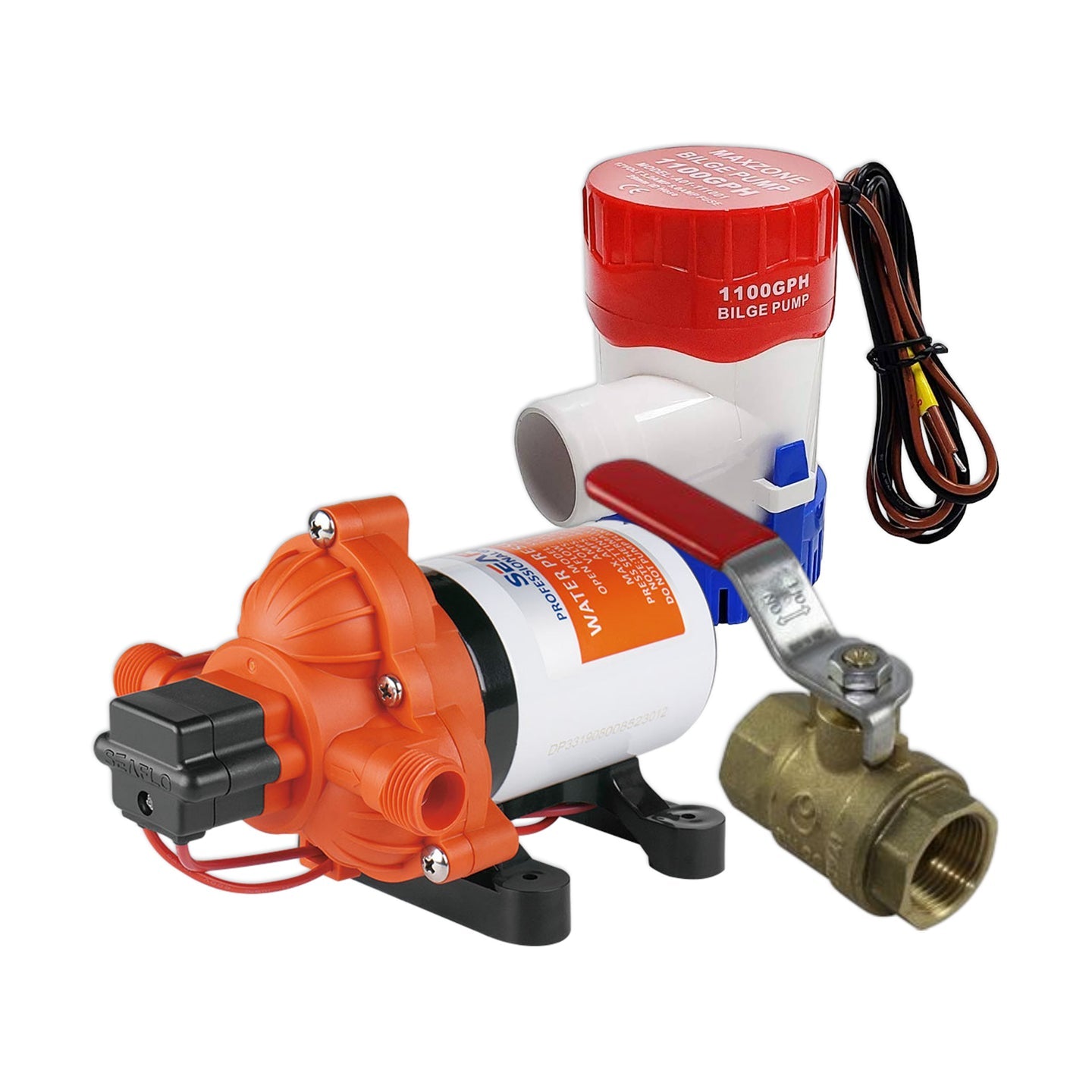 A boat bilge pump sat behind a boat water pump and a ball valve.