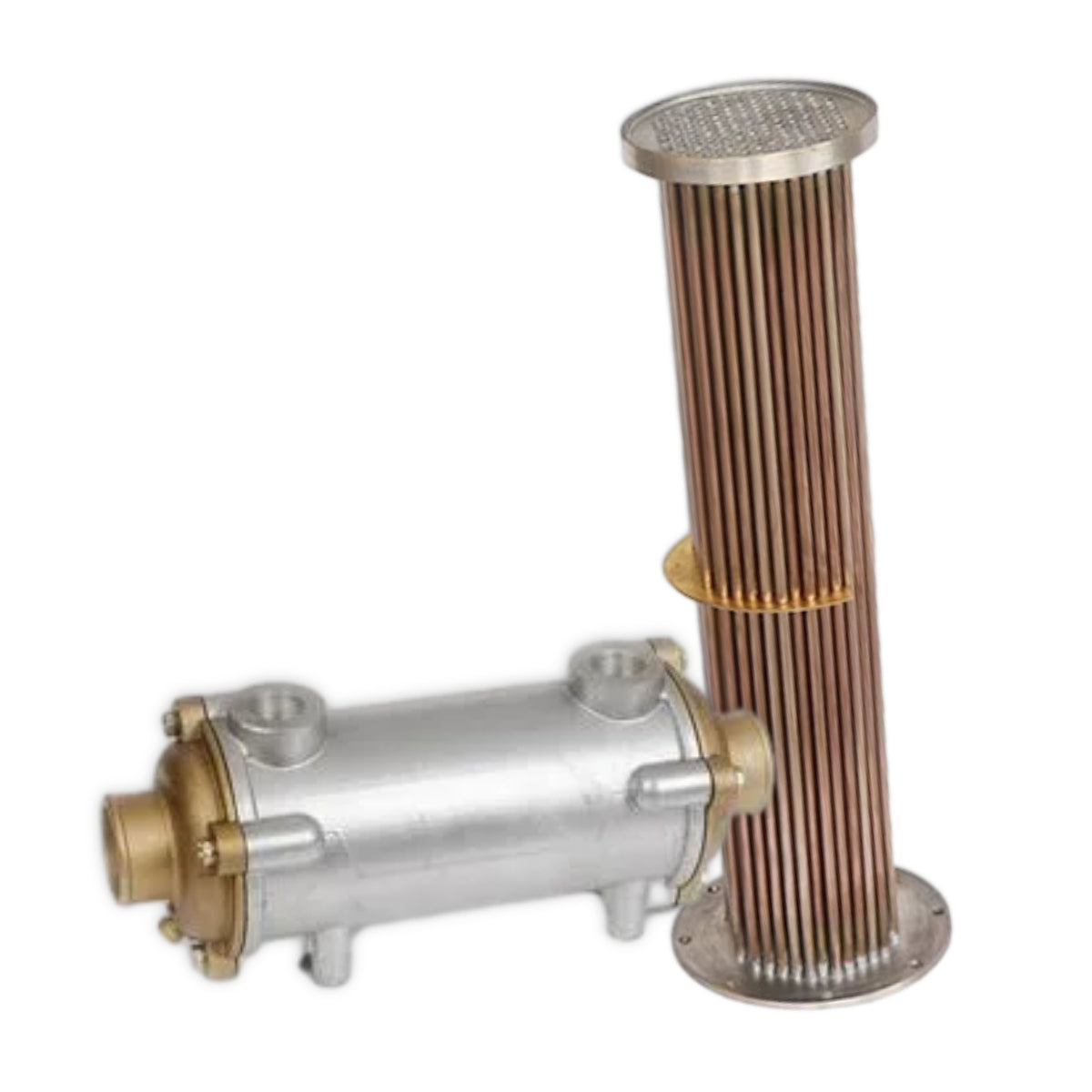 A marine engine cooler tube stack sat behind a fuel cooler.