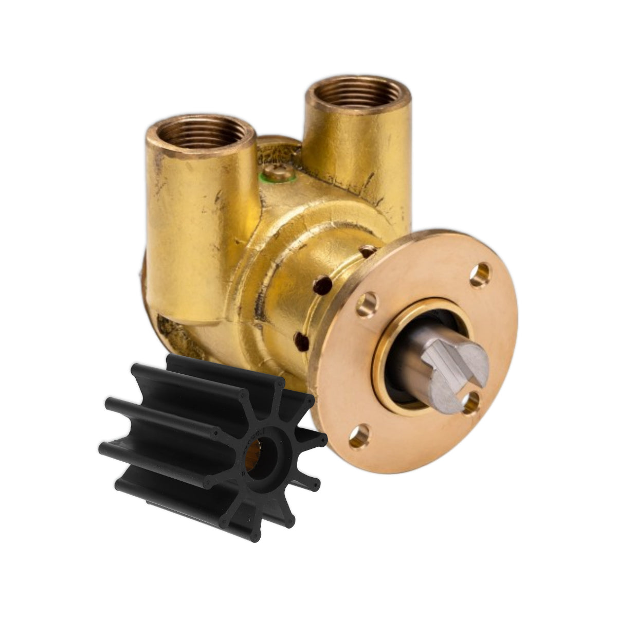 A marine engine raw water pump sat beside a raw water pump rubber impeller.