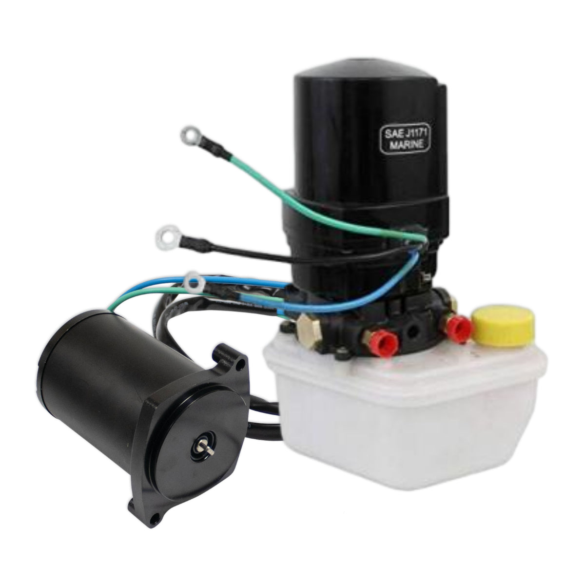 A boat trim motor and hydraulic oil reservoir.