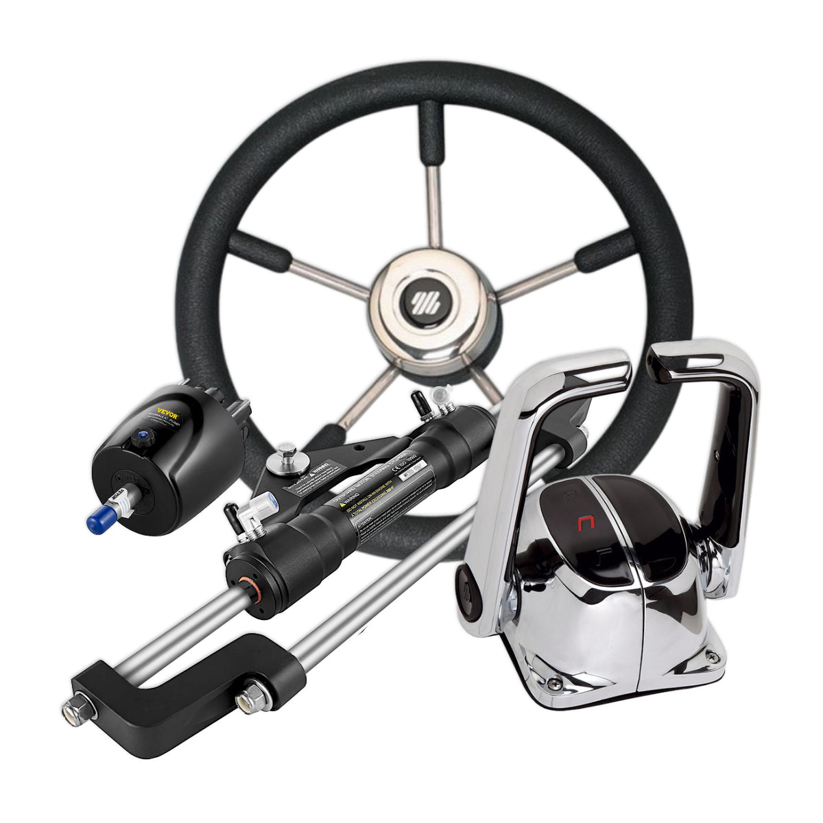 Boat steering wheel behind helm controls and a hydraulic steering ram.
