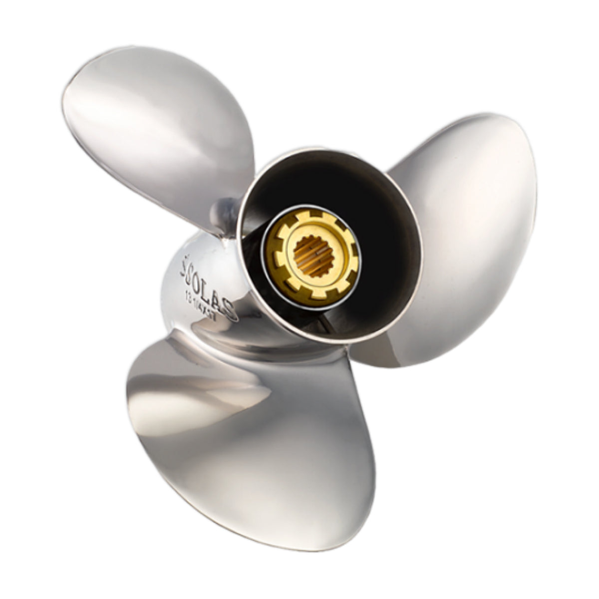 A single stainless steel, three blade, Solas Propeller.