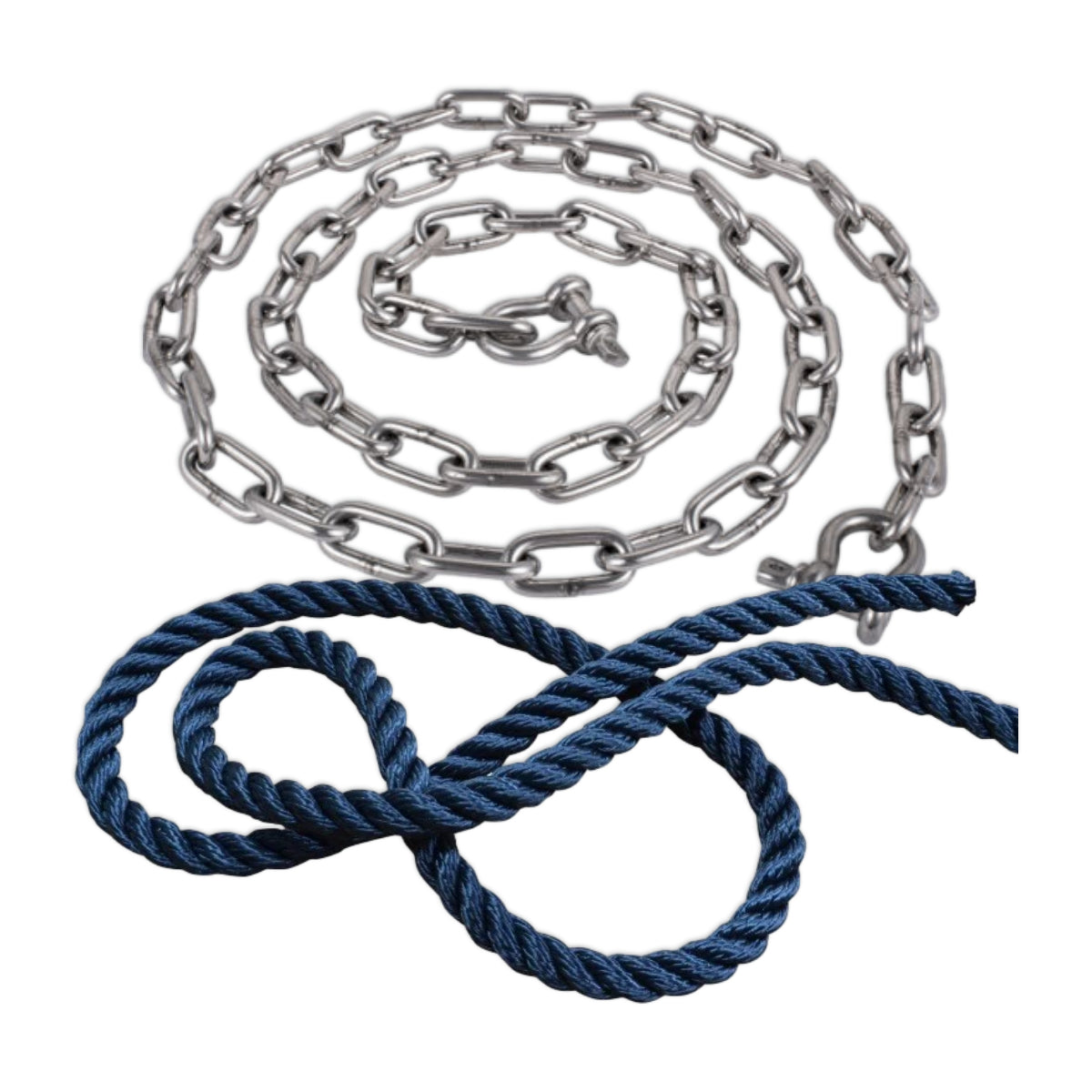 A coil of rope sat beside a coil of anchor chain.