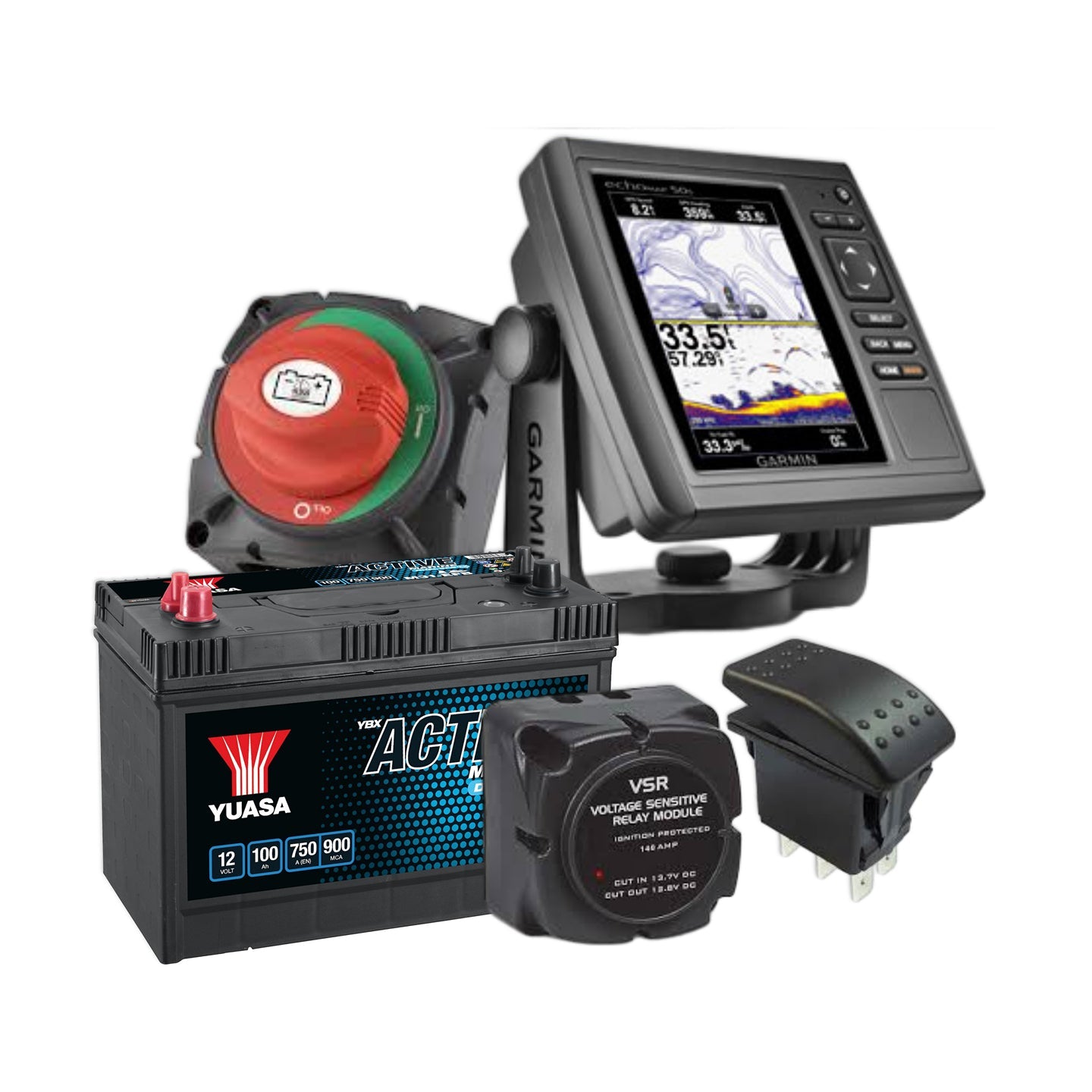 Marine battery, isolator switch, VSR, and chart plotter.
