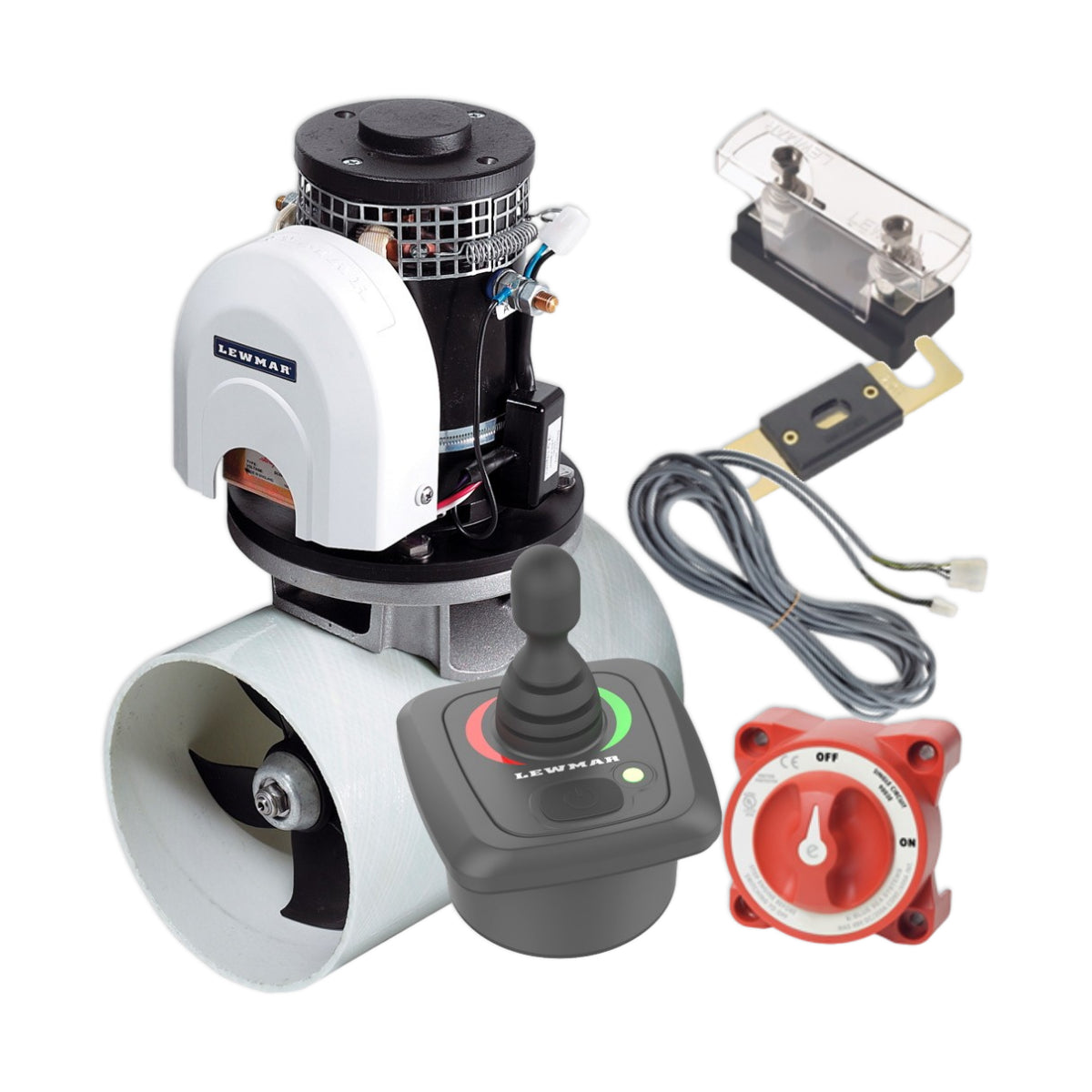 A boat bow thruster surrounded by a bow thruster fitting kit