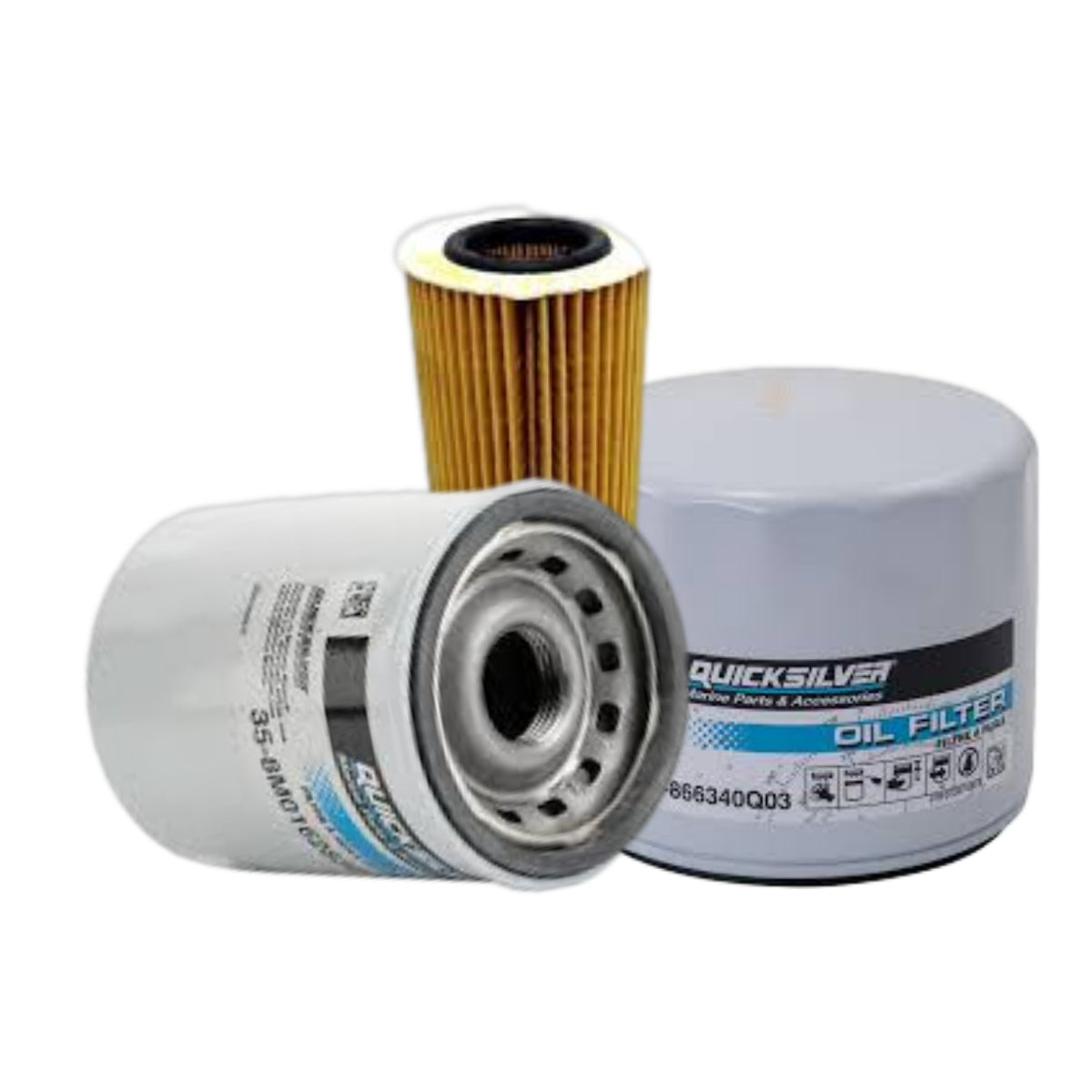 Three different styles of marine engine oil filter sat beside each other.