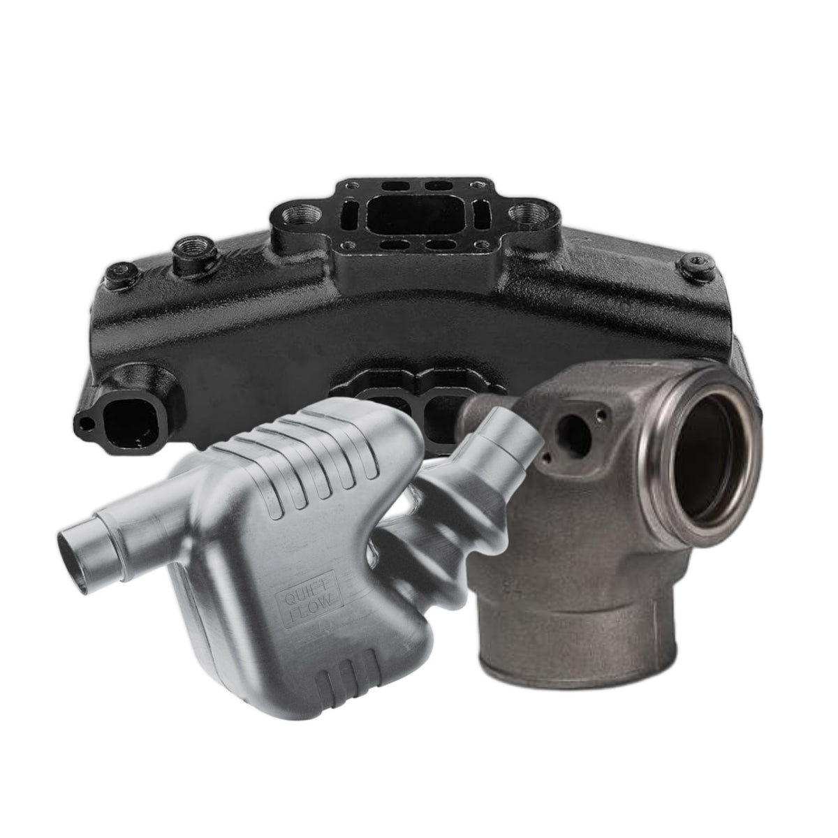 A marine engine exhaust manifold sat behind an exhaust elbow and a exhaust water trap.