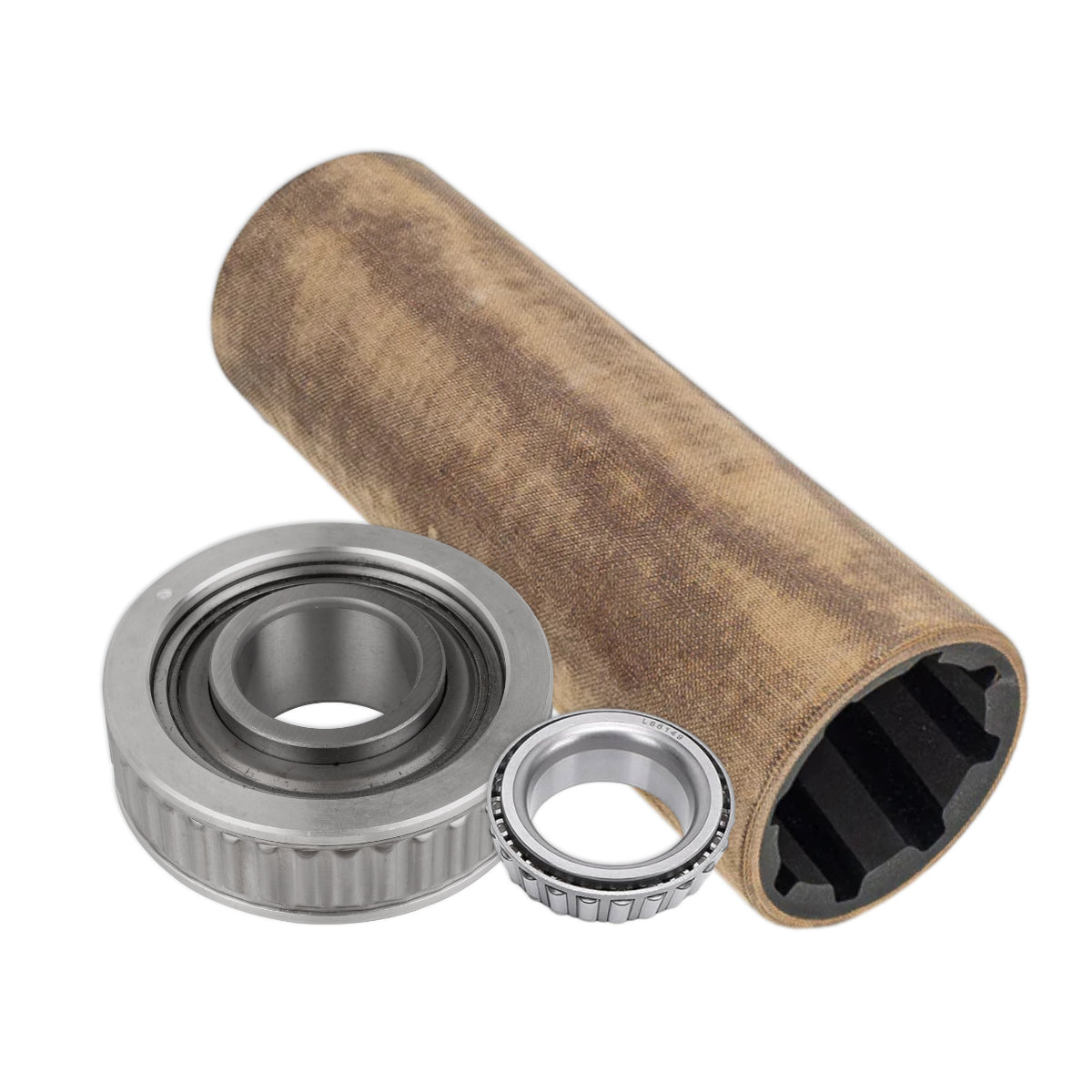 A brass cutlass bearing sat beside a gimbal bearing.