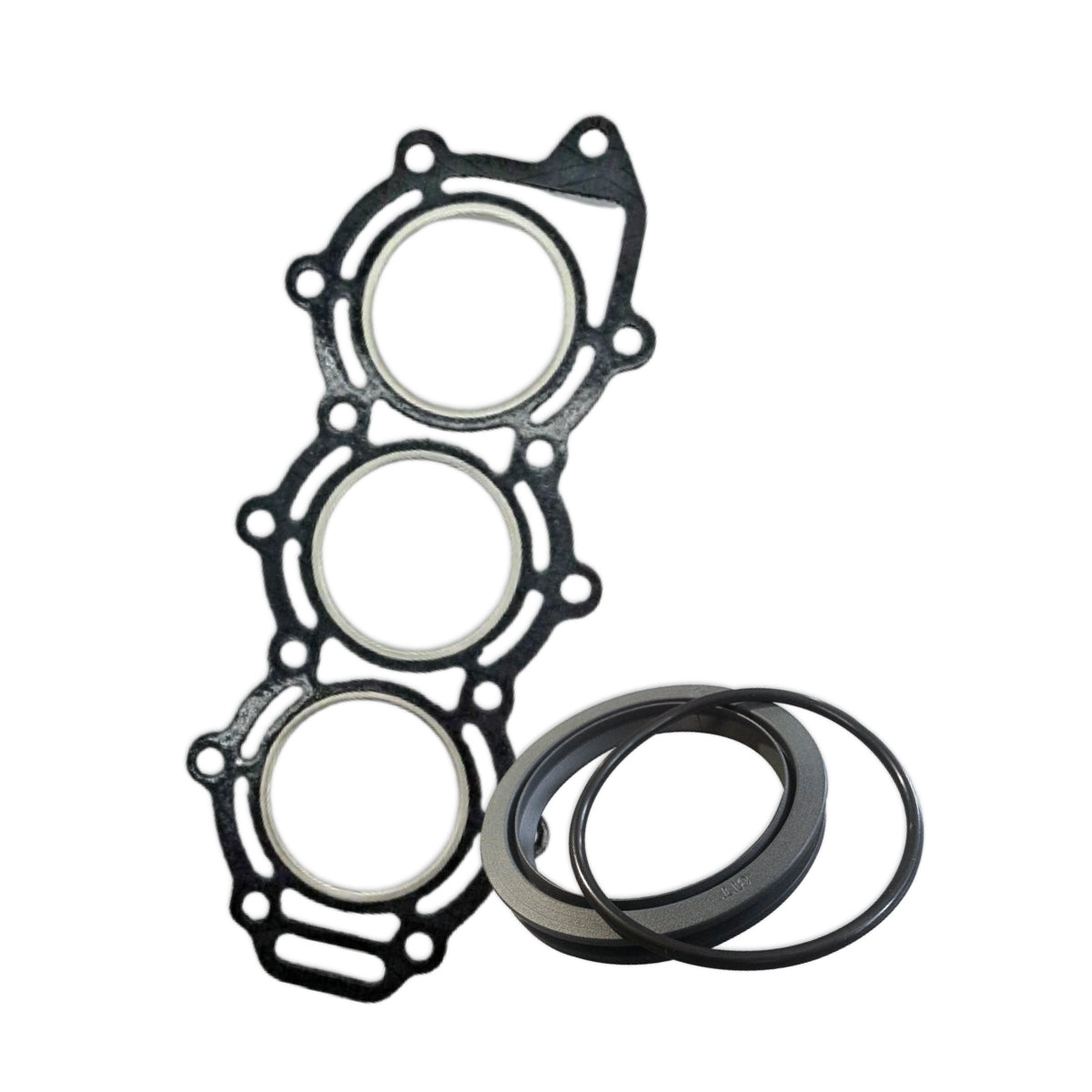 An engine head gasket sat behind a seal and an o-ring.