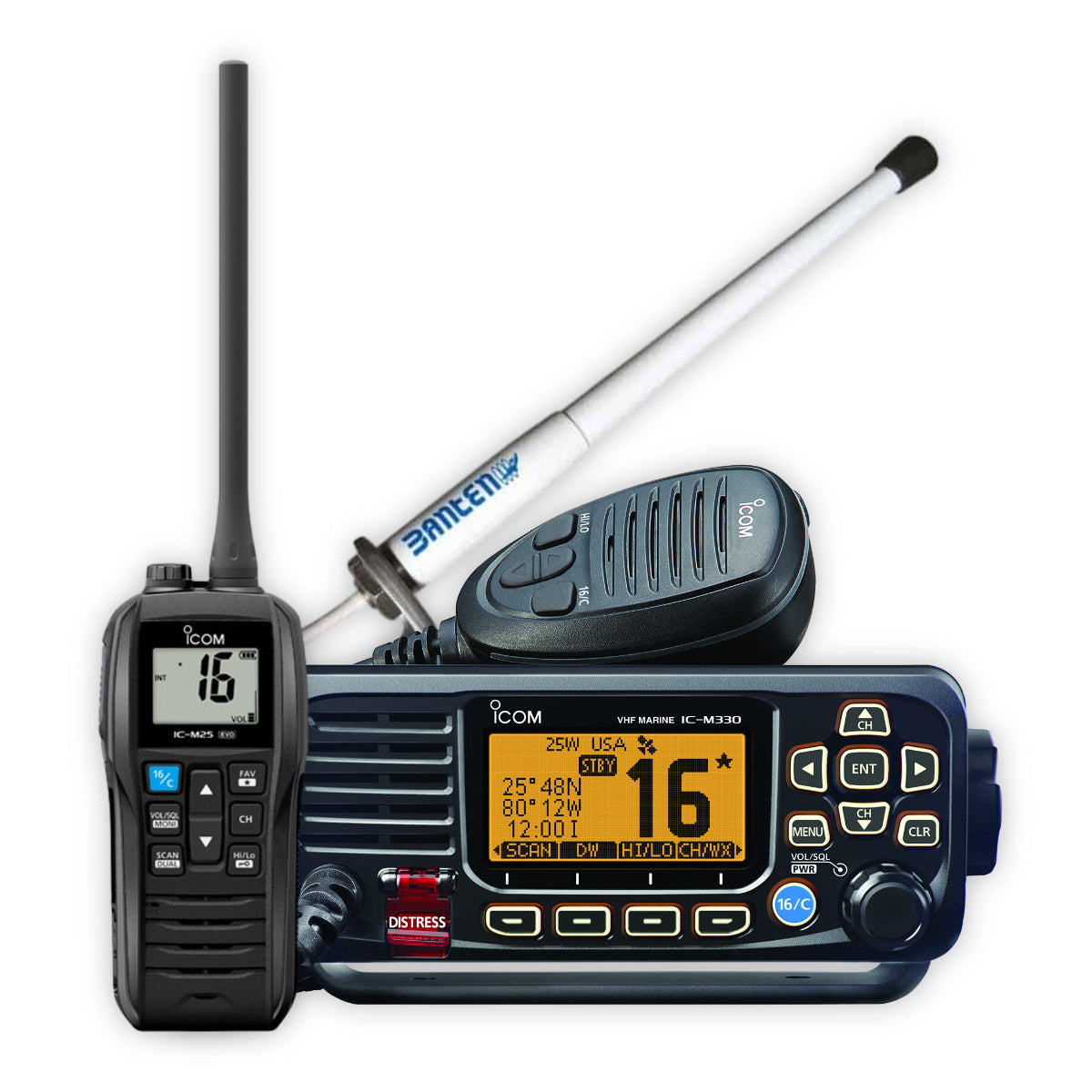 Two style of boating VHF radios in front of a boat antenna.